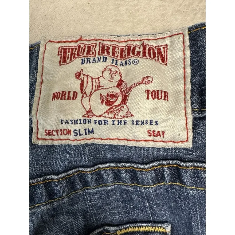 True Religion Mens Jeans Size 44 Blue Denim Straight Leg Distressed Y2K